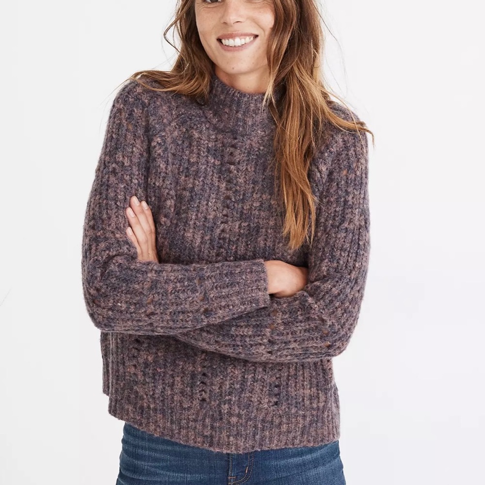Madewell Pointelle Mock Neck Chunky Knit Sweater Purple Oversized XS Wool